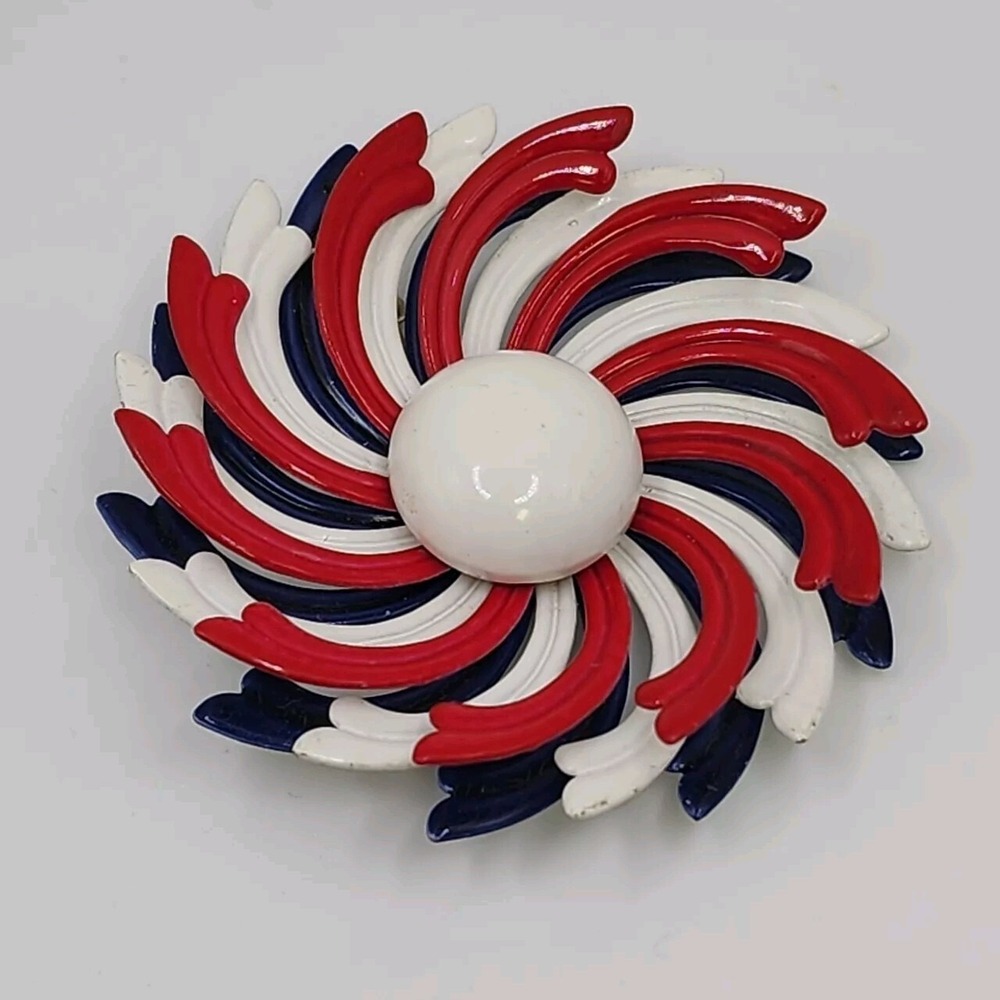 Vintage Enameled Red White Blue Pinwheel Radial Layered Patriotic Metal Brooch